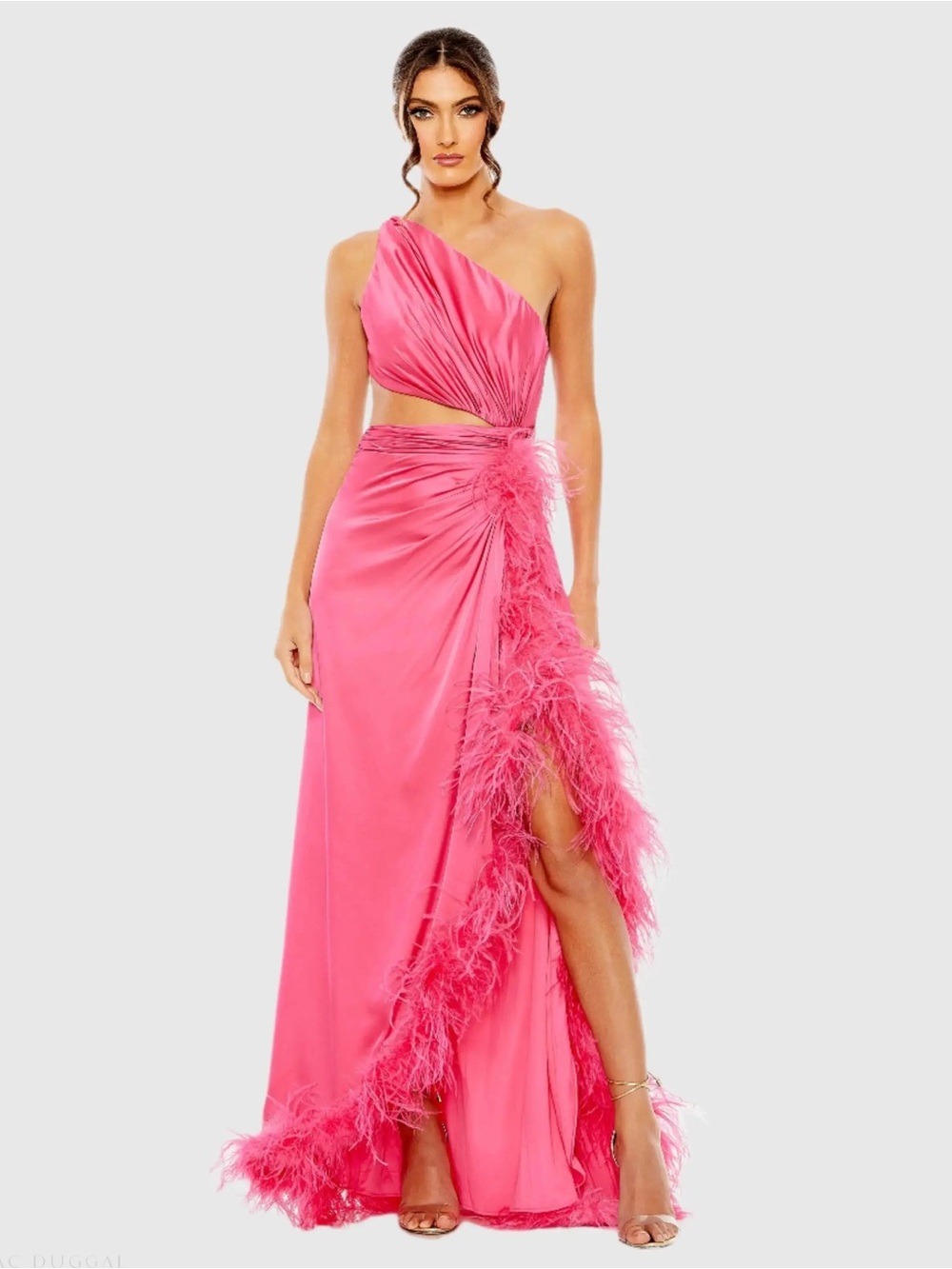 Mac Duggal 11689 Hot Pink One-Shoulder Feather-Trim Evening Gown